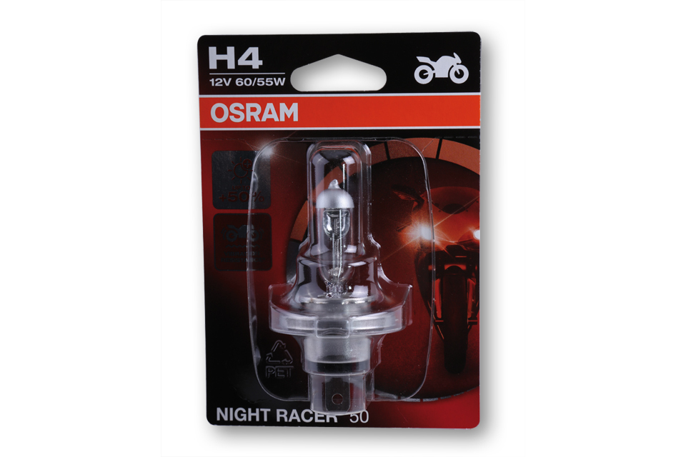 OSRAM H4 Glühlampe, NIGHT RACER® höhere Lichtausbeute, Einzelblister