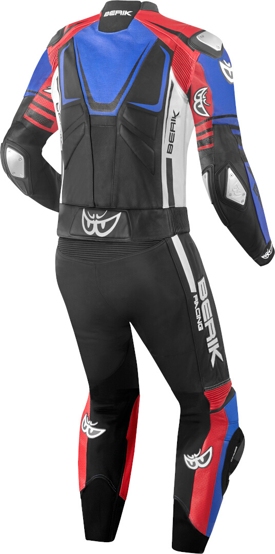 Side view of Berik XR-Ace Two Piece Motorcycle Leather Suit, black-white-red-blue, Size 52 for Men