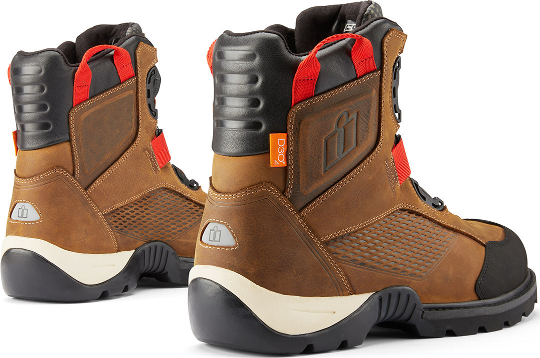 Side view of Icon Stormhawk WP waterproof Motorcyclce Boots, brown, Size 45 46 for Men