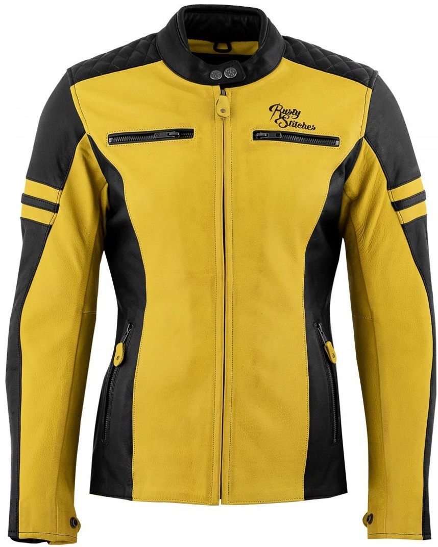 Rusty Stitches Joyce Veste en cuir de moto pour dames, noir-jaune, taille 38 pour Femmes