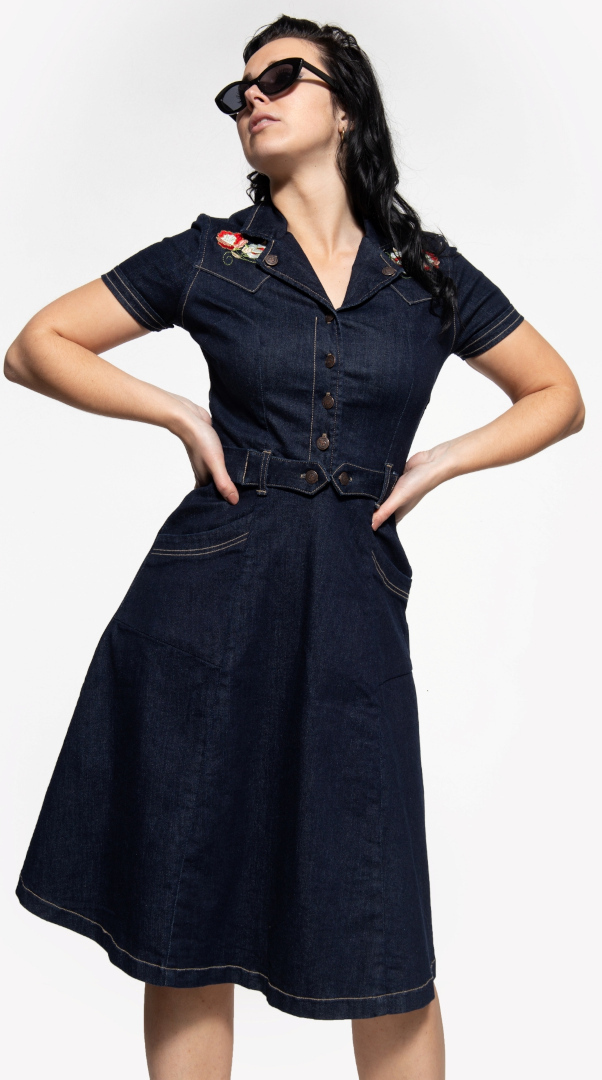 Side view of Queen Kerosin Swing Ladies Jeans Dress, blue, Size L for Women