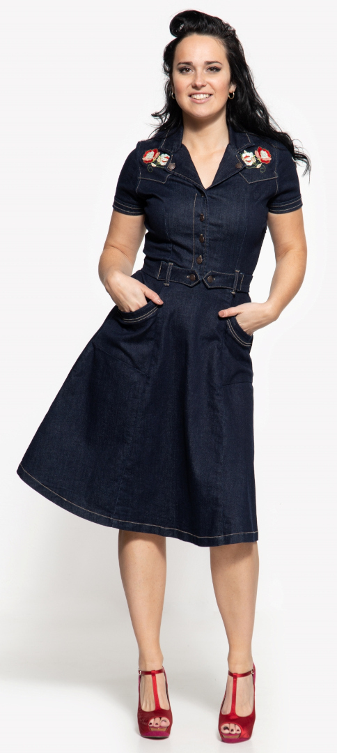 Side view of Queen Kerosin Swing Ladies Jeans Dress, blue, Size L for Women