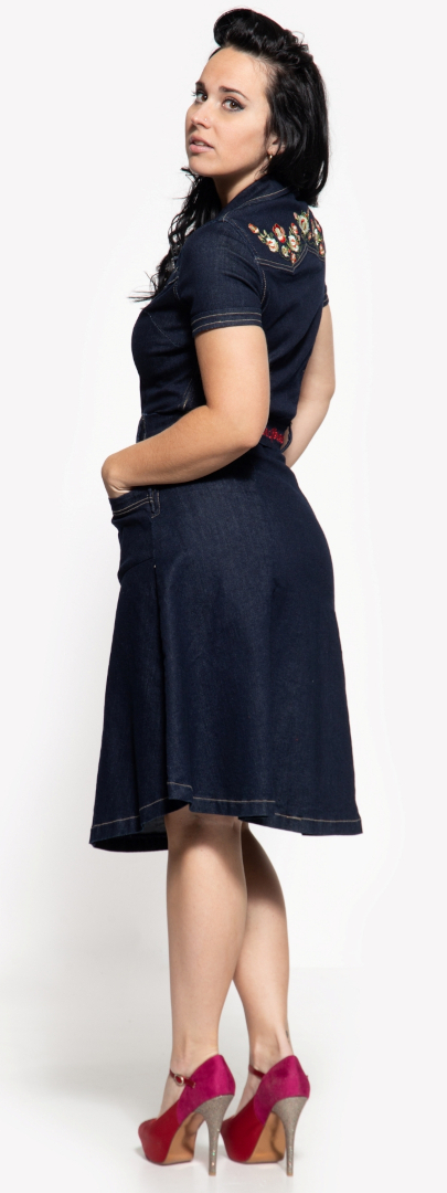 Side view of Queen Kerosin Swing Ladies Jeans Dress, blue, Size L for Women