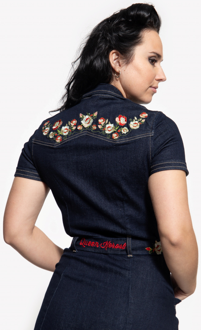 Side view of Queen Kerosin Swing Ladies Jeans Dress, blue, Size L for Women