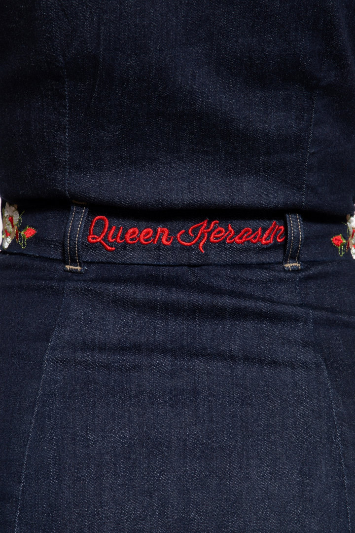 Side view of Queen Kerosin Swing Ladies Jeans Dress, blue, Size L for Women
