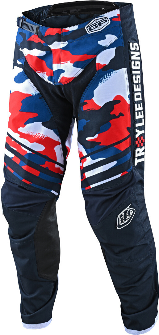 Troy Lee Designs One & Done GP Formula Camo Motocross Byxor, vit-röd-blå, storlek 30