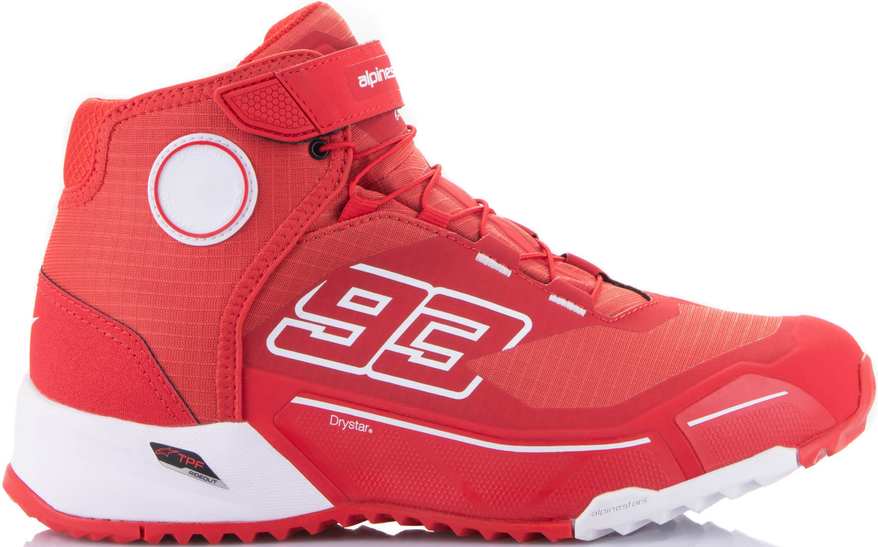 Side view of Alpinestars MM93 CR-X Drystar Motorcycle Shoes, white-red, Size 42 for Men