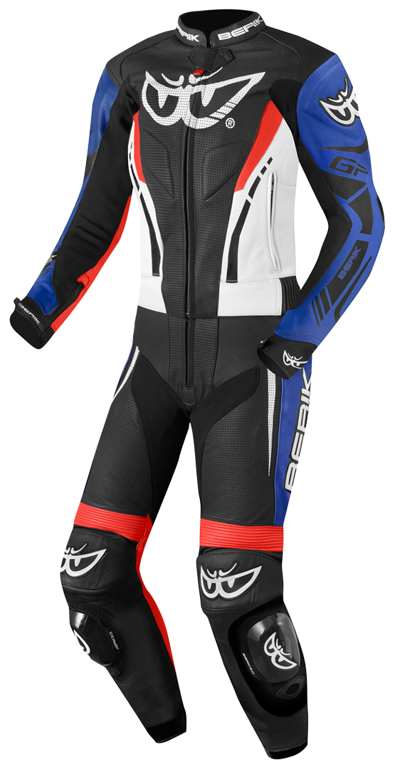 Berik Monza Dames tweedelige motorfiets lederen pak, zwart-wit-rood-blauw, afmeting 48 voor vrouw