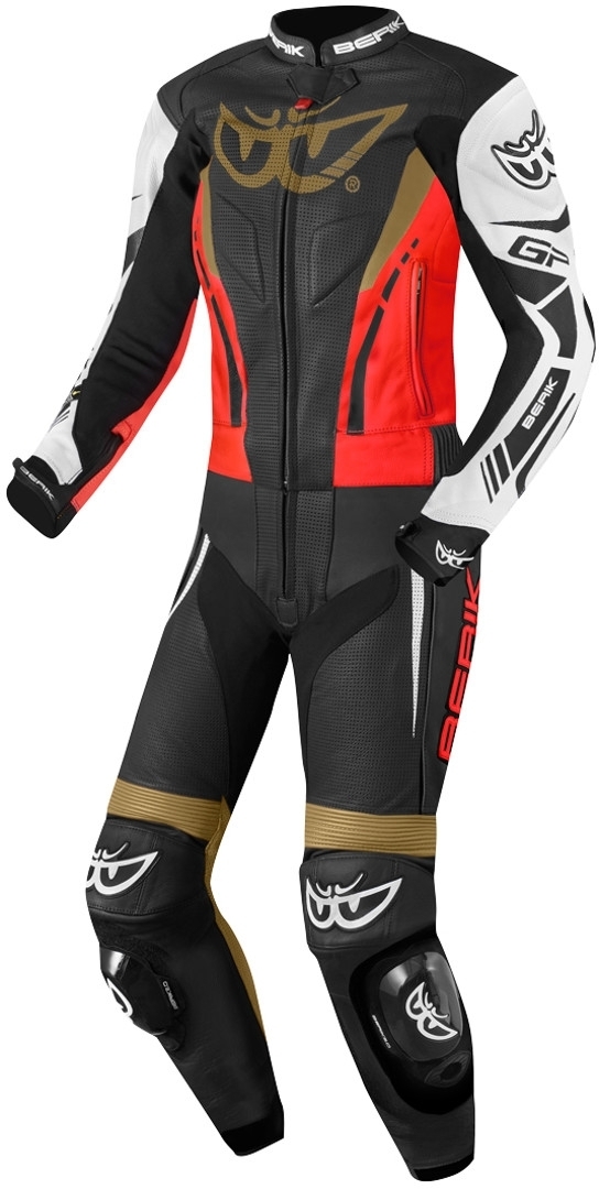 Berik Monza Dames tweedelige motorfiets lederen pak, zwart-rood-goud, afmeting 48 voor vrouw