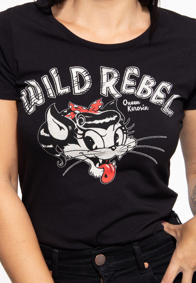 Side view of Queen Kerosin Wild Rebel Ladies T-Shirt, black, Size 2XL for Women