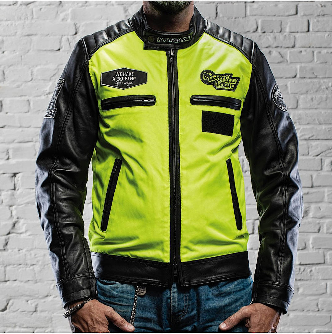 Side view of HolyFreedom Zero Vision Motorcycle Leather Jacket, black-yellow, Size XL for Men