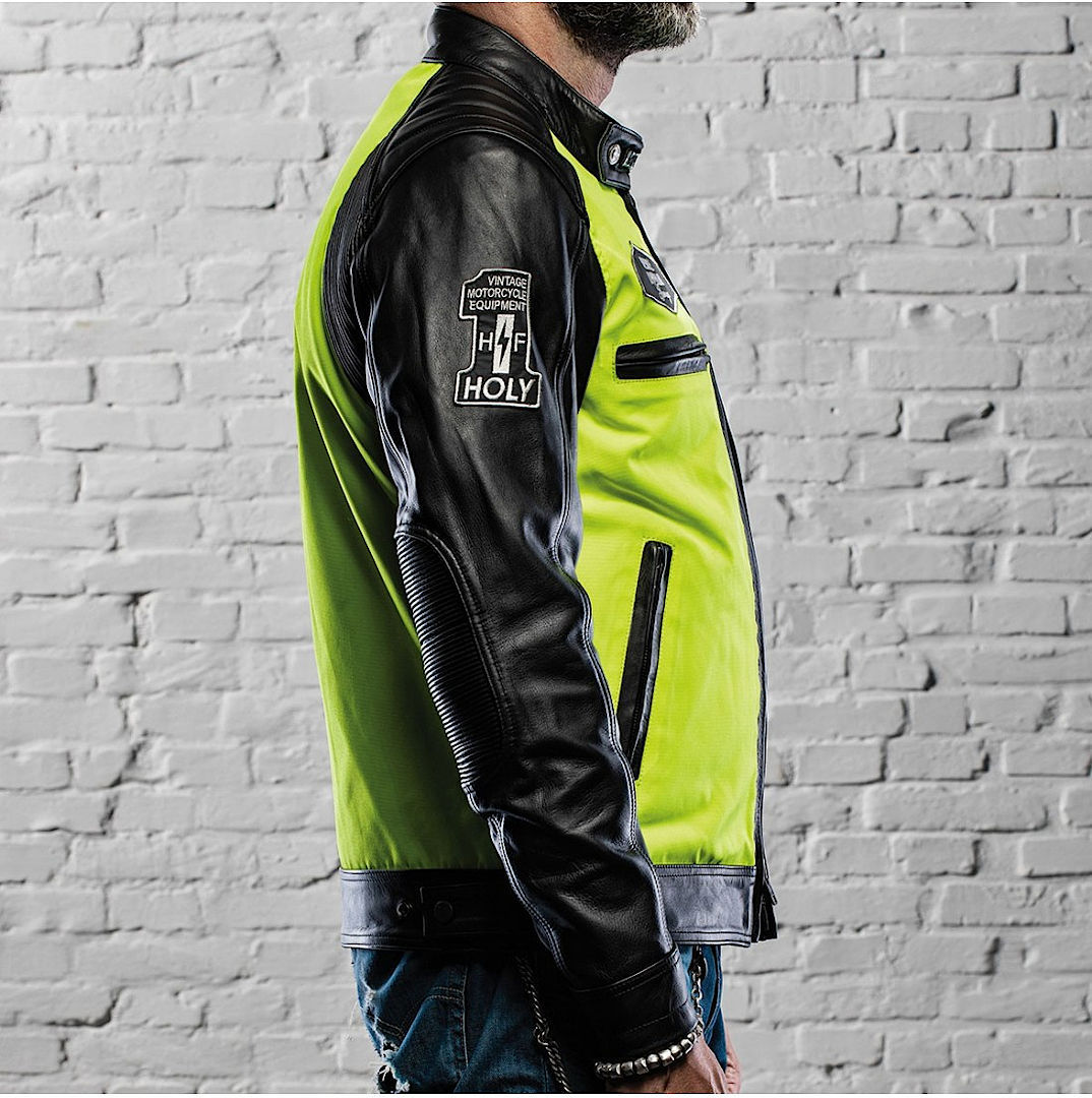 Side view of HolyFreedom Zero Vision Motorcycle Leather Jacket, black-yellow, Size XL for Men