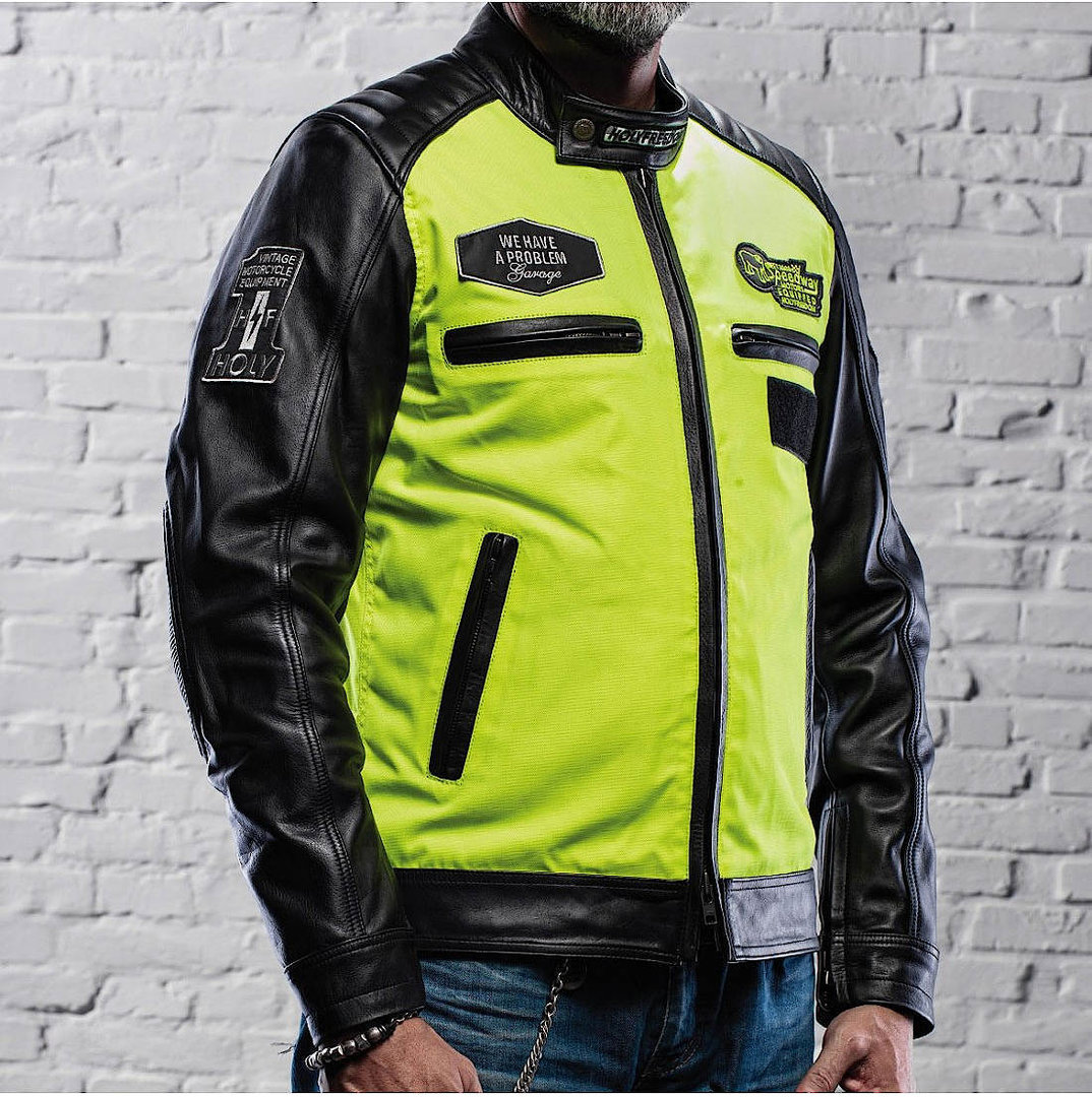 Side view of HolyFreedom Zero Vision Motorcycle Leather Jacket, black-yellow, Size XL for Men