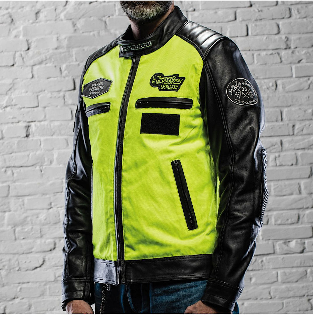 Side view of HolyFreedom Zero Vision Motorcycle Leather Jacket, black-yellow, Size XL for Men