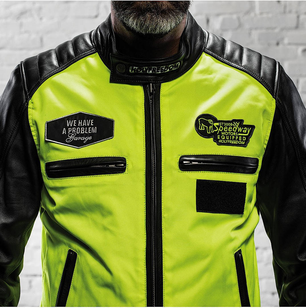 Side view of HolyFreedom Zero Vision Motorcycle Leather Jacket, black-yellow, Size XL for Men