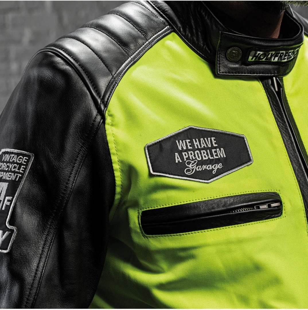 Side view of HolyFreedom Zero Vision Motorcycle Leather Jacket, black-yellow, Size XL for Men