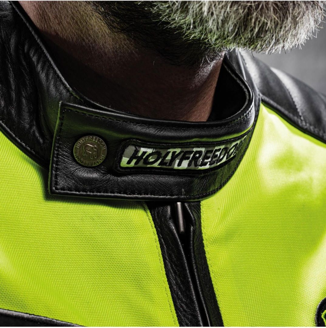 Side view of HolyFreedom Zero Vision Motorcycle Leather Jacket, black-yellow, Size XL for Men