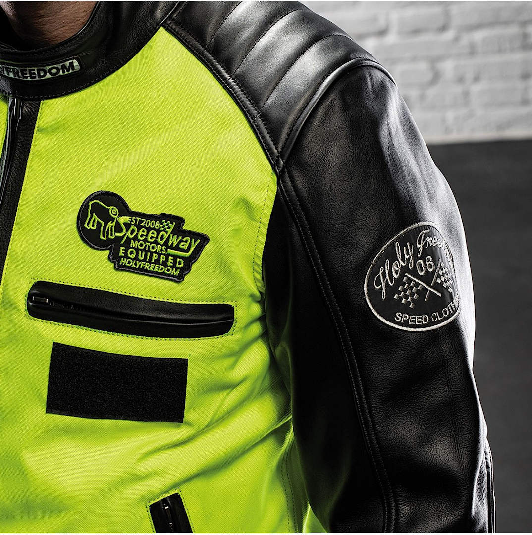 Side view of HolyFreedom Zero Vision Motorcycle Leather Jacket, black-yellow, Size XL for Men