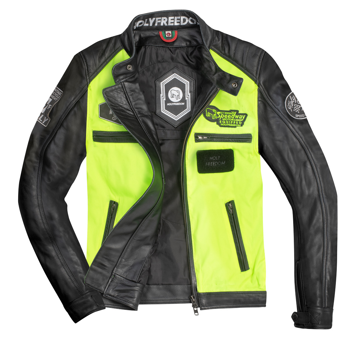 Side view of HolyFreedom Zero Vision Motorcycle Leather Jacket, black-yellow, Size XL for Men