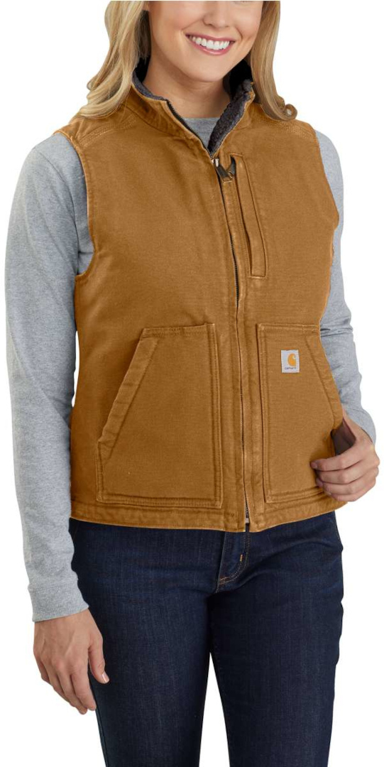 Side view of Carhartt Sherpa Lined Mock Neck Ladies Vest, brown, Size L for Women