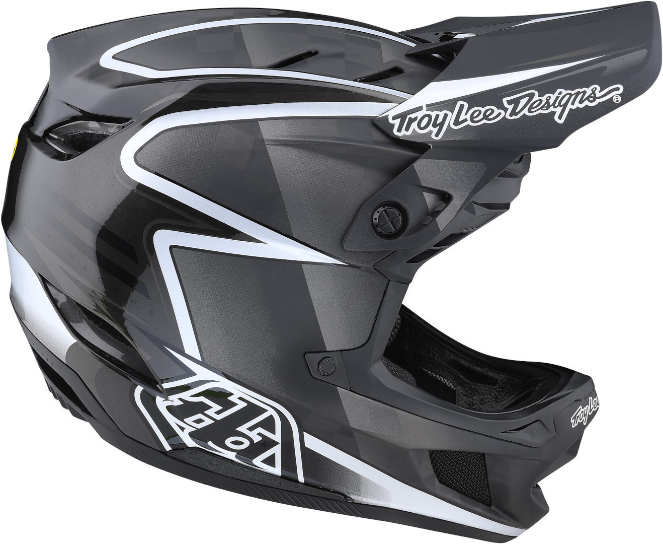 Side view of Troy Lee Designs D4 Carbon Lines Downhill Helmet, black-red-yellow, Size 2XL for Men