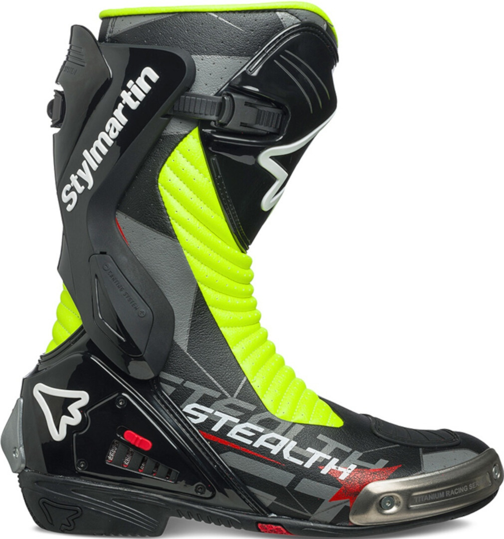 Side view of Stylmartin Stealth Evo Air Motorcycle Boots, black-yellow, Size 47 for Men