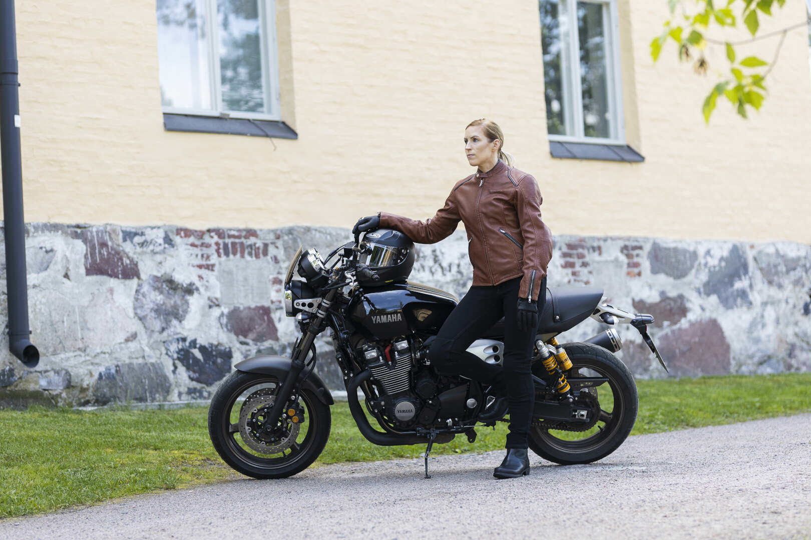 Side view of Halvarssons Nyvall Ladies Motorcycle Leather Jacket, brown, Size 38 for Women