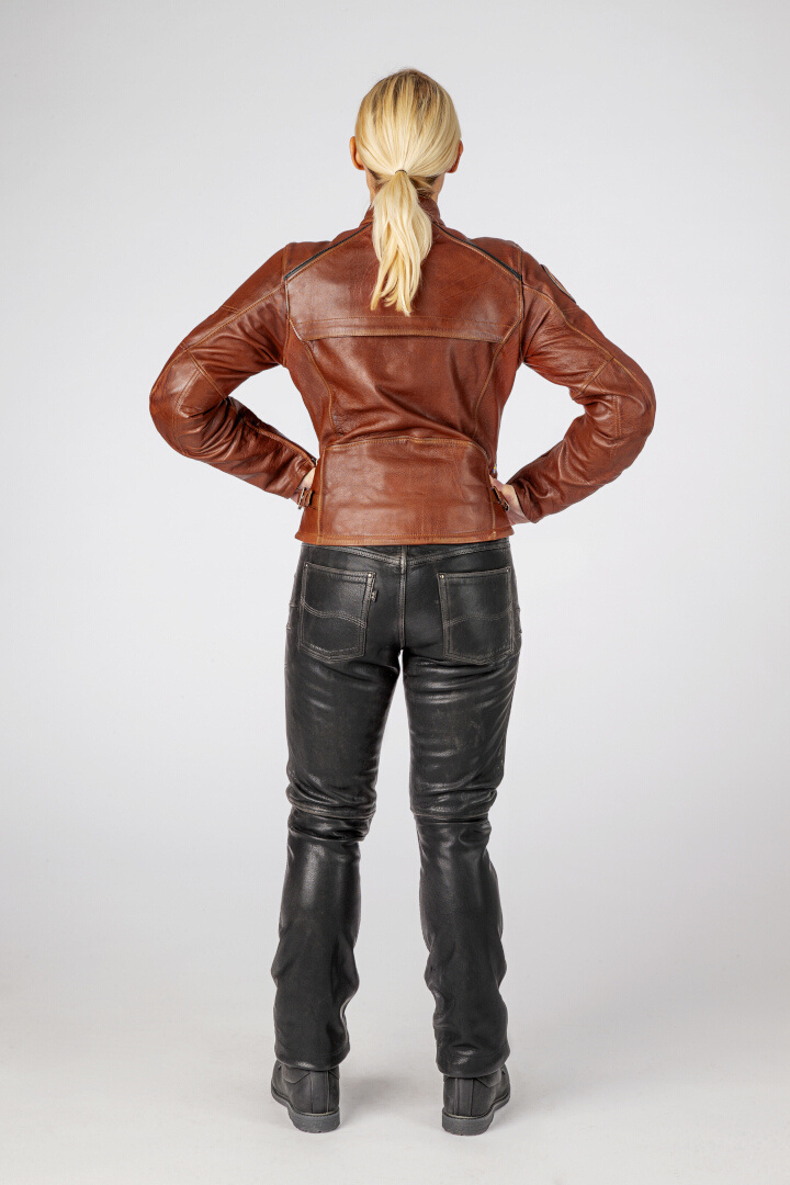 Side view of Halvarssons Nyvall Ladies Motorcycle Leather Jacket, brown, Size 38 for Women
