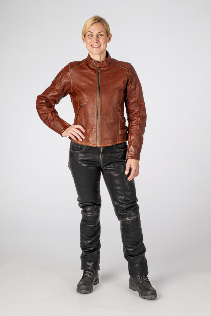 Side view of Halvarssons Nyvall Ladies Motorcycle Leather Jacket, brown, Size 38 for Women