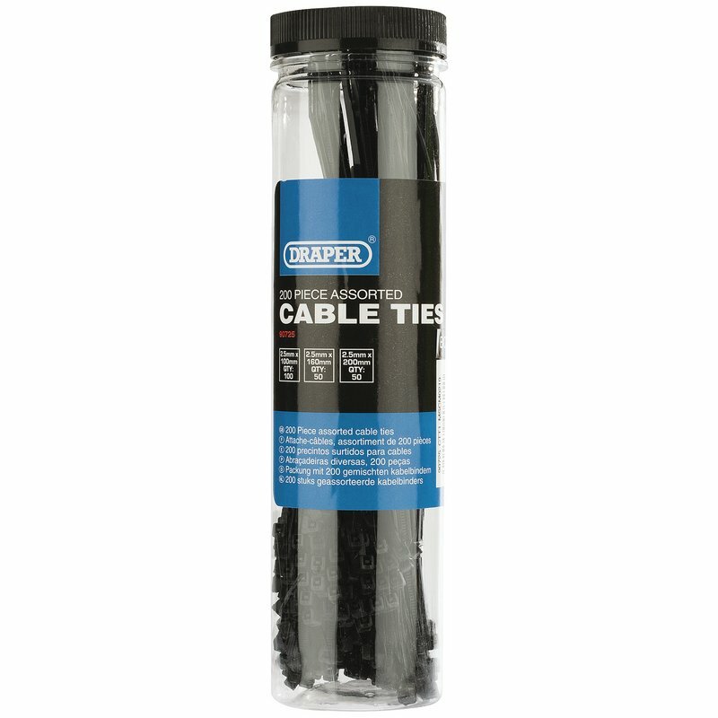 DRAPER Nylon Cable Ties Multi-sizes Black 200 pieces, black
