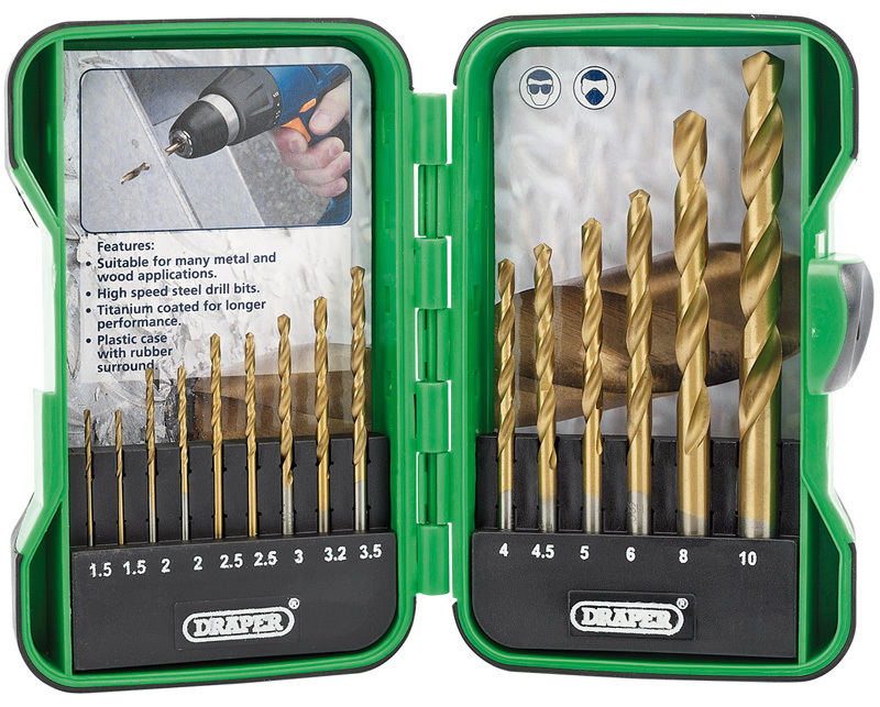 DRAPER Titanium Nitride Coated HSS Drill Bit Set 15 pieces 1 to 10mm