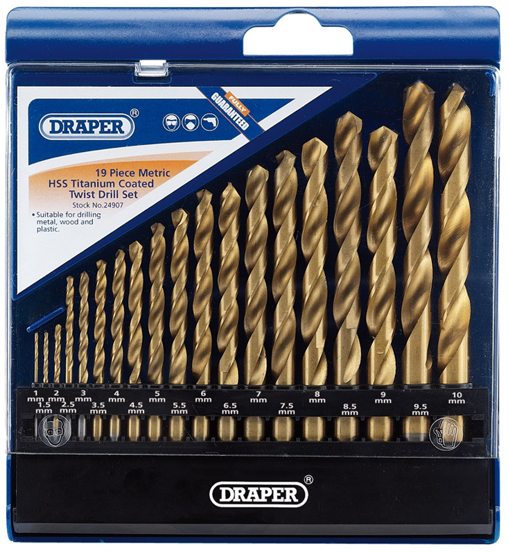 DRAPER Metric HSS Titanium Coated Drill Set 19 pieces 1 to 10mm