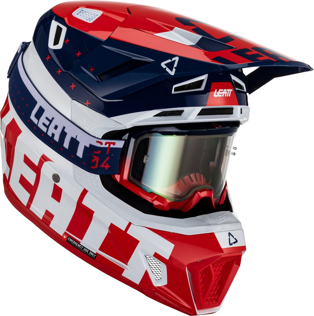 Leatt 7.5 Tricolor Motocross Helmet with Goggles, white-red-blue, Size XS, white-red-blue, Size XS