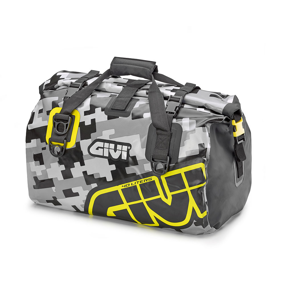 Image of GIVI Easy-T Waterproof - Rotolo portabagagli con tracolla 40 L design mimetico grigio, scritta giallo neon