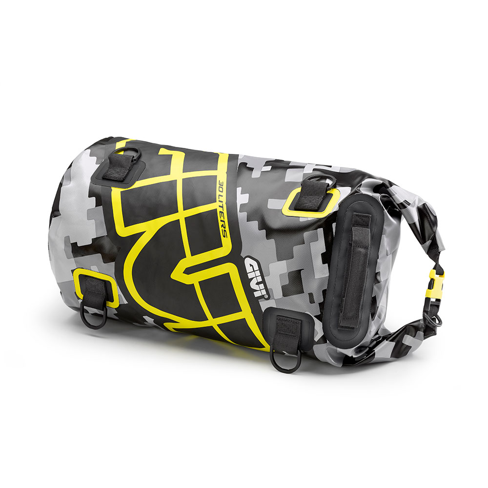 Image of GIVI Easy-T Waterproof - Rotolo Bagagli 30 L design mimetico grigio, scritta giallo neon