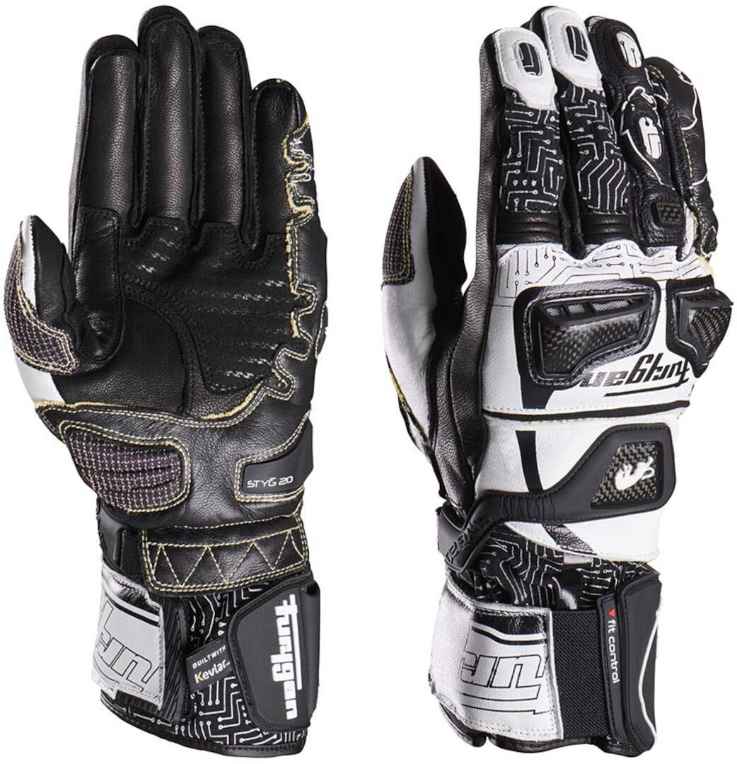 Side view of Furygan Styg20 Built With Kevlar® Motorcycle Gloves, black-white, Size XL for Men