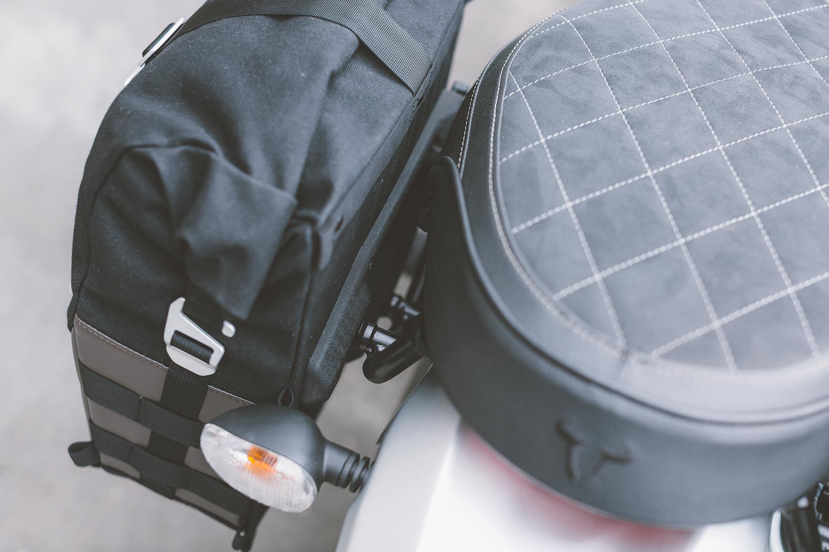 Side view of SW-Motech Legend Gear side bag system LC Black Edition - Triumph Scrambler (05-16).