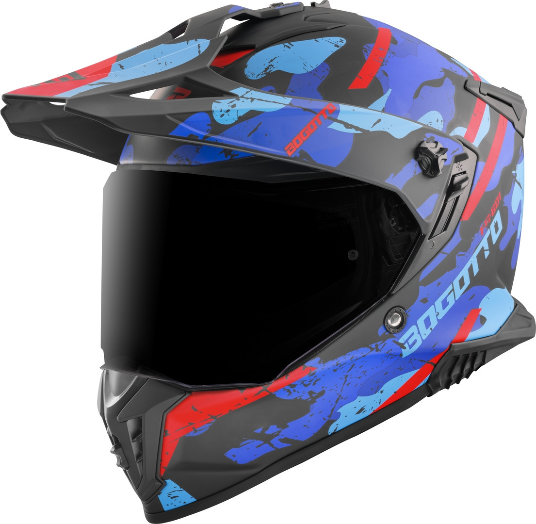 Bogotto FG-601 Sniper Casque d’enduro en fibre de verre, noir-rouge-bleu, taille 2XL pour Hommes