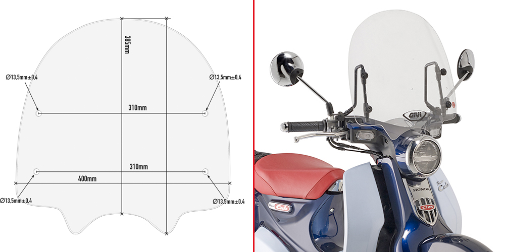 Przezroczysta szyba GIVI o wysokości 385mm, szerokości 400mm do Honda Super Cub C125 (18-22), ABE 38665 Szyby