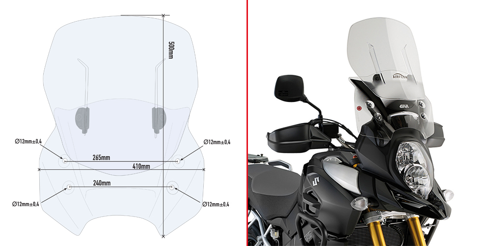 GIVI Airflow pare-brise transparent, 380-500 mm de haut, 440 mm de large pour Suzuki DL 1000 V-Strom (14-19) Pare-brise