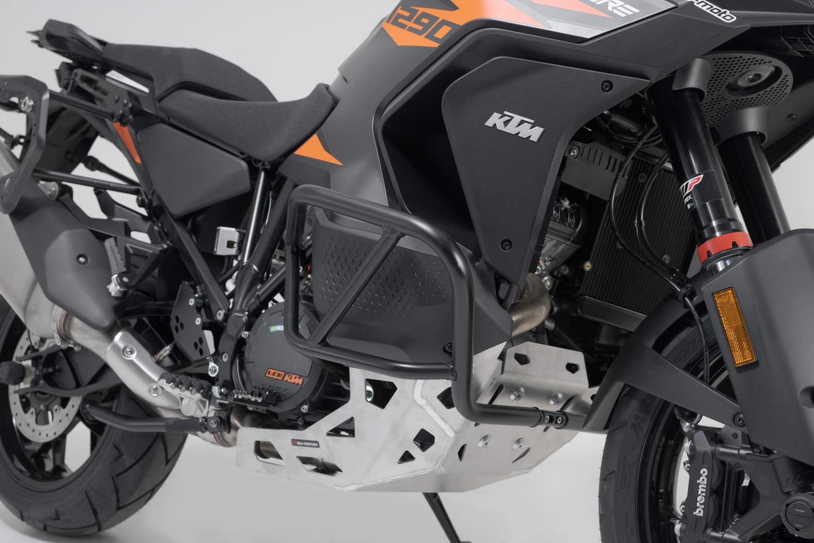 Side view of SW-Motech Crash bar - Orange. KTM 1290 / 1390 Super Adventure (21-).