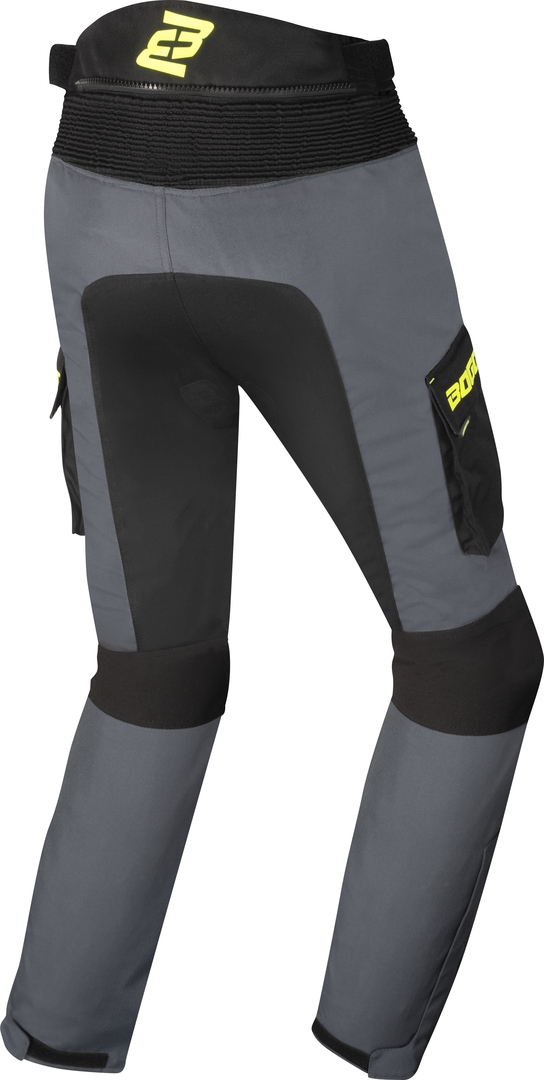 Side view of Bogotto Covelo waterproof Motorcycle Textile Pants, black-grey-yellow, Size 2XL for Men