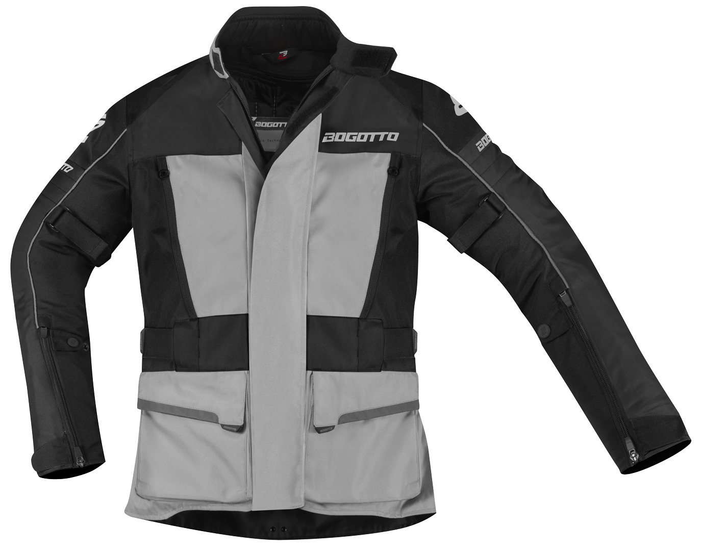 Side view of Bogotto Tampar Tour waterproof Motorcycle Textile Jacket, black-grey, Size XS for Men