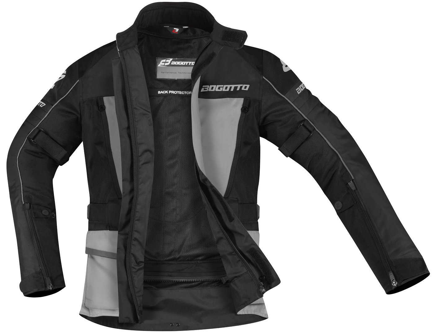 Side view of Bogotto Tampar Tour waterproof Motorcycle Textile Jacket, black-grey, Size XS for Men