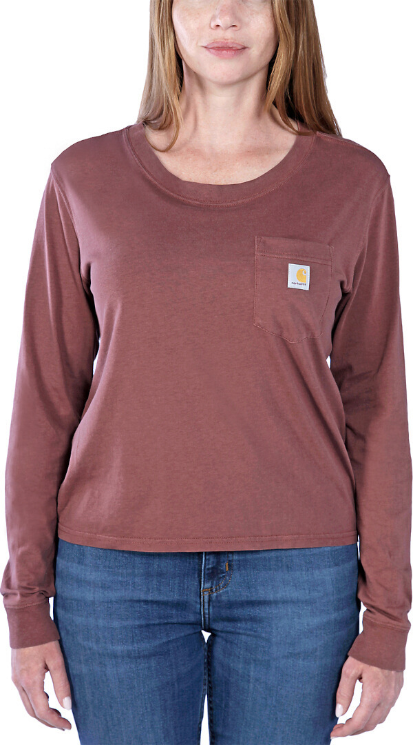 Side view of Carhartt Relaxed Fit Lightweight Pocket Ladies Long Sleeve Shirt, red, Size S for Women