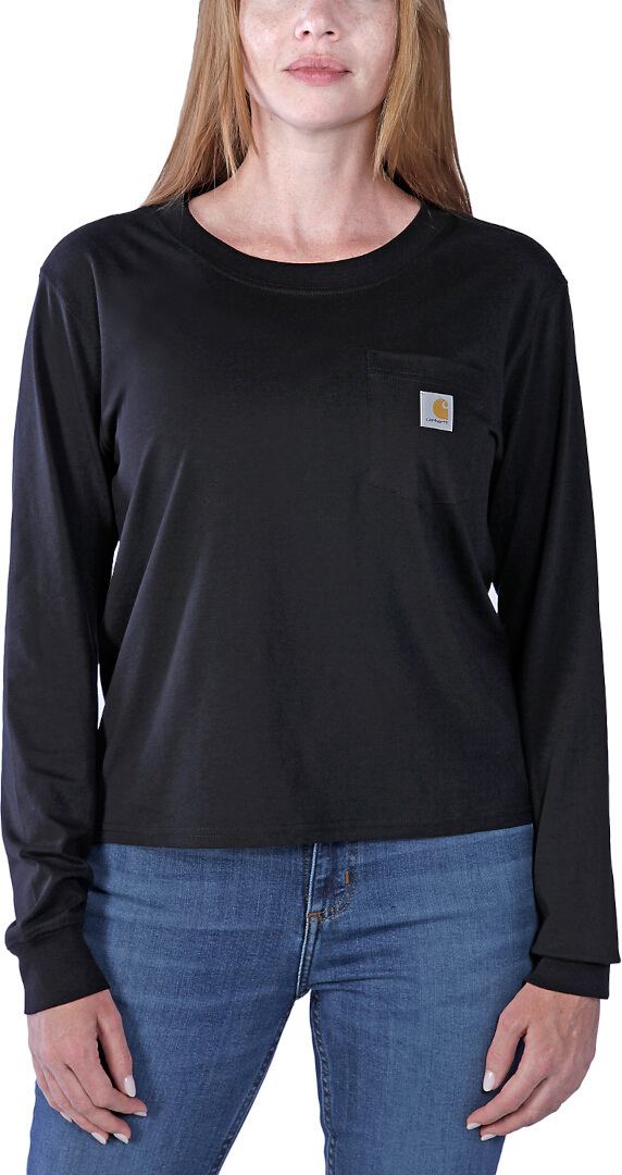 Side view of Carhartt Relaxed Fit Lightweight Pocket Ladies Long Sleeve Shirt, black, Size XL for Women