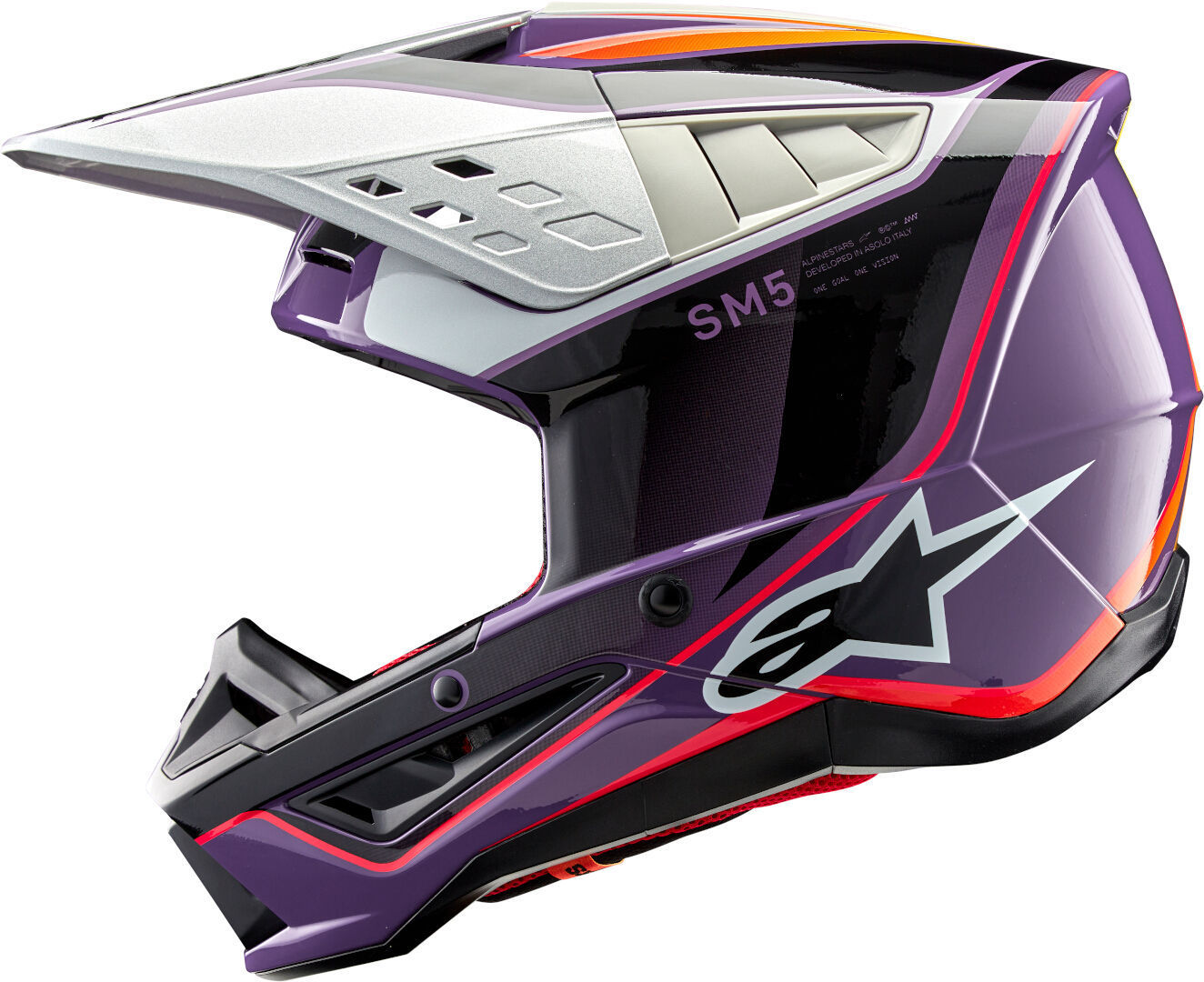 Side view of Alpinestars S-M5 Sail 2024 Motocross Helmet, black-purple-silver, Size S for Men