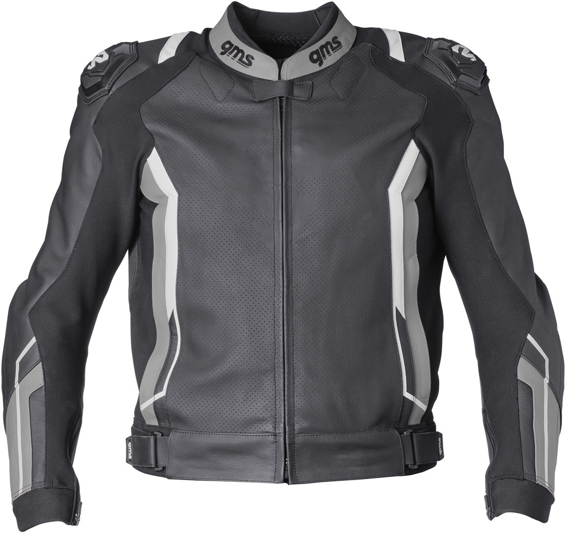 Side view of GMS GR-1 Two Piece Motorcycle Leather Suit, black-grey-white, Size 98 for Men