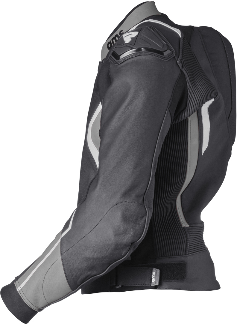 Side view of GMS GR-1 Two Piece Motorcycle Leather Suit, black-grey-white, Size 98 for Men