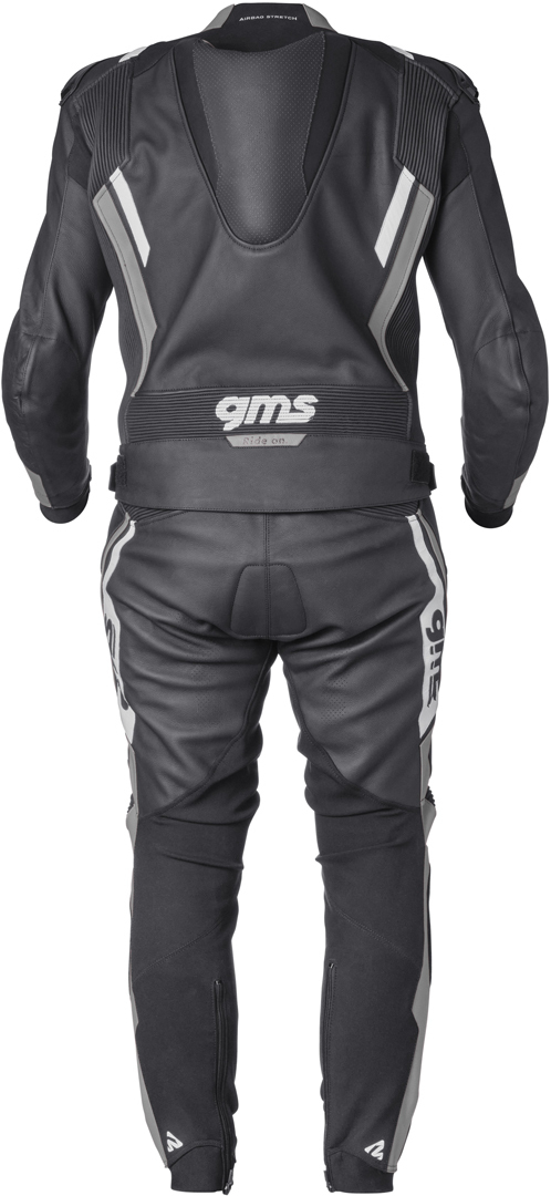 Side view of GMS GR-1 Two Piece Motorcycle Leather Suit, black-grey-white, Size 98 for Men